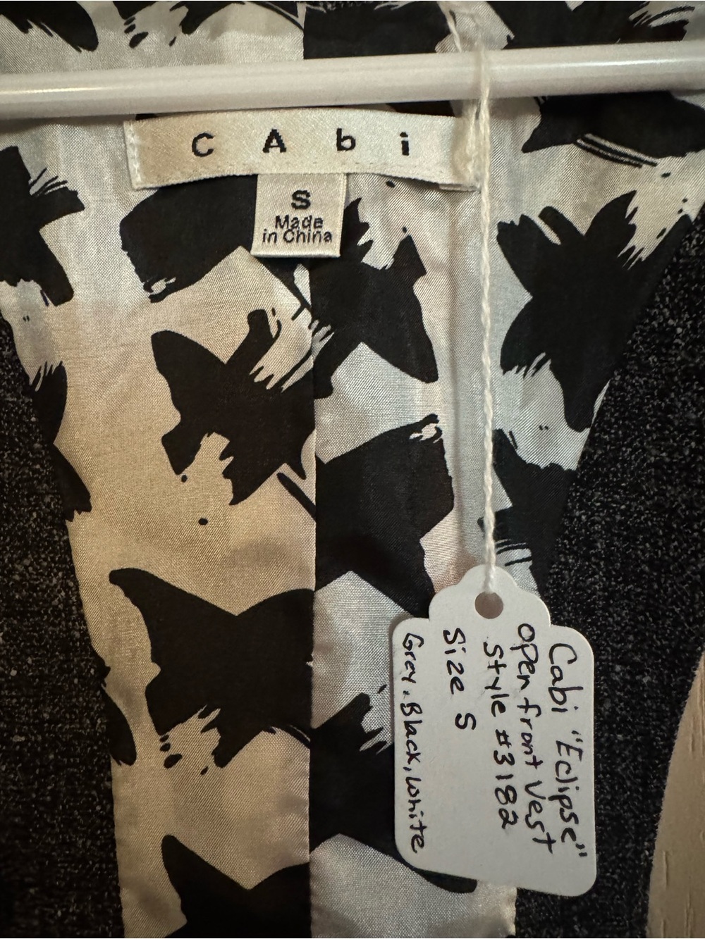 CAbi Eclipse Gray Tweed Open Front Vest Bird Lining 247 S - Picture 3 of 4